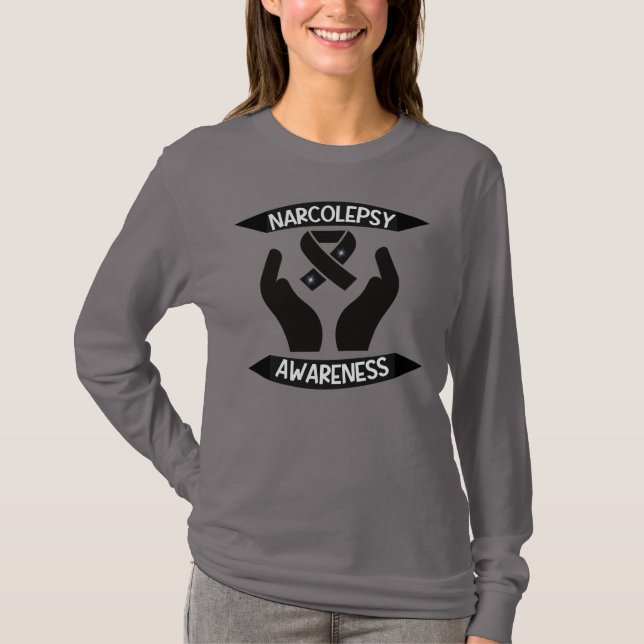 Narcolepsy Awareness Black Ribbon And Open Hand T-Shirt (Front)