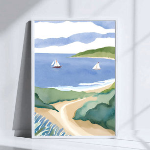 Narragansett Bay   Sailboat Coastal RI Watercolor Poster