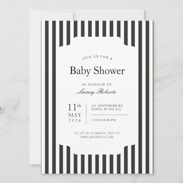 Narrow Black and White Vertical Candy Stripe Invitation (Front)