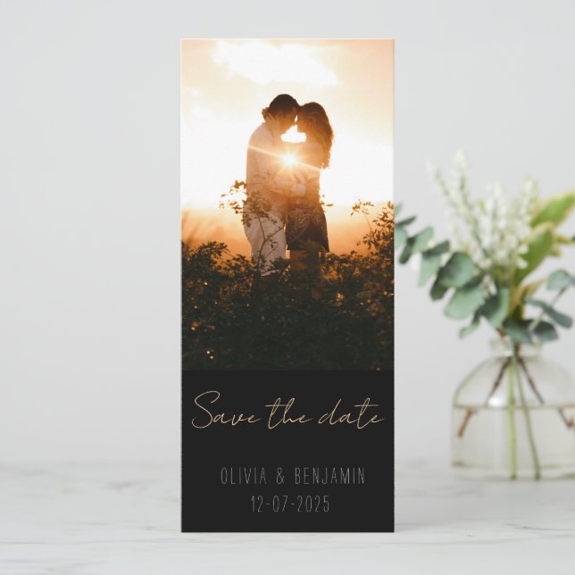 Narrow Minimalistic 2 photo Save the Date  Invitation (Standing Front)