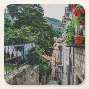 Narrow stone street in Dubrovnik Square Paper Coaster