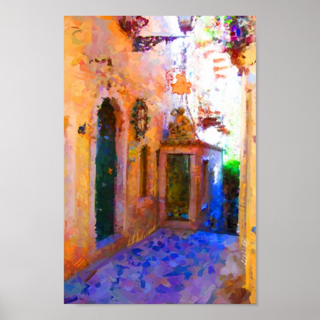 Narrow Street in Taormina Italy Yellow Purple Art Poster (Front)