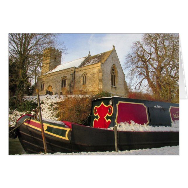 Narrowboat and Church in the snow. (Front Horizontal)