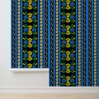 Narrowboat Blue Folk Art Roses and Daisies Wallpaper