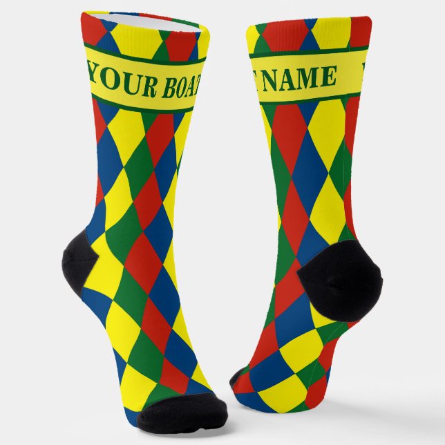 Narrowboat Boat Name Harlequin Diamonds Patterned Socks (Angled)