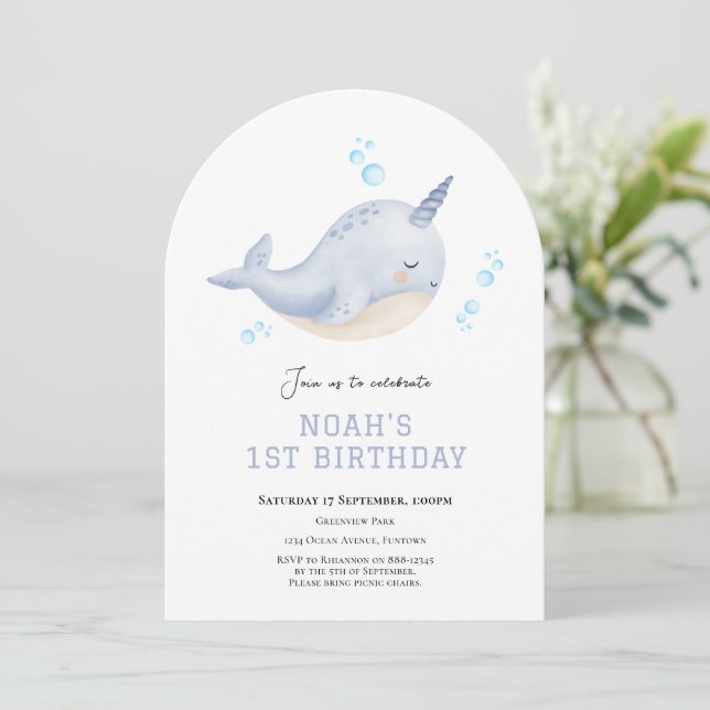 Narwal Under the sea first birthday invitation (Standing Front)