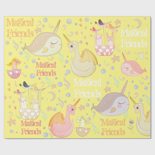 Narwhal and Dragon Friends Yellow Personalised Wrapping Paper