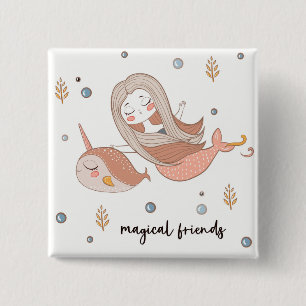 Narwhal and Mermaid Magical Friends. 15 Cm Square Badge