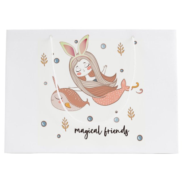 Narwhal and Mermaid with Bunny Ears Friends Large Gift Bag (Front)