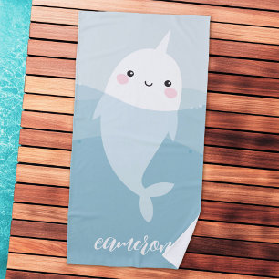 Narwhal and waves cute kawaii cartoon beach towel
