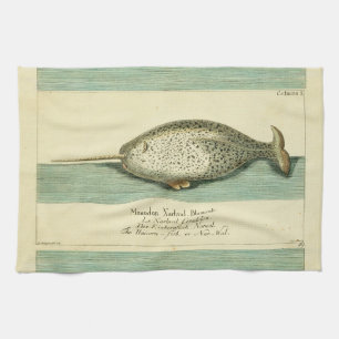 Narwhal Antique Whale Watercolor Painting Tea Towel