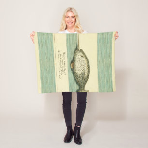 Narwhal Antique Whale Watercolor Scientific Art Fleece Blanket