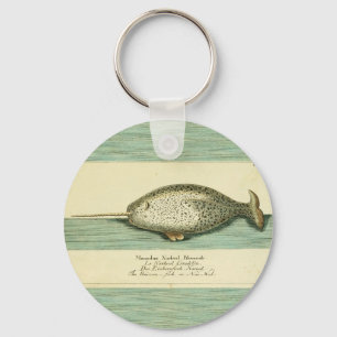 Narwhal Antique Whale Watercolor Scientific Art Key Ring