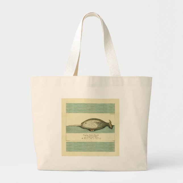Narwhal Antique Whale Watercolor Scientific Art Large Tote Bag (Front)