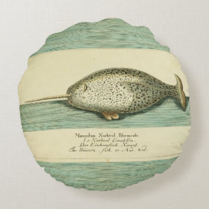 Narwhal Antique Whale Watercolor Scientific Art Round Cushion