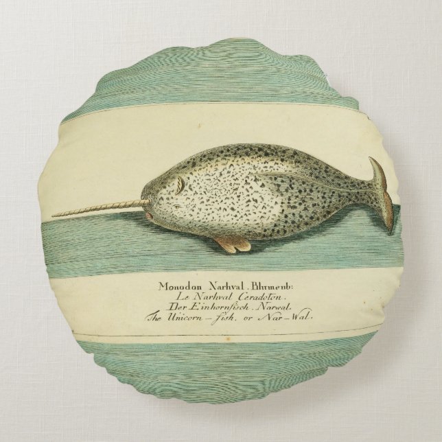 Narwhal Antique Whale Watercolor Scientific Art Round Cushion (Back)