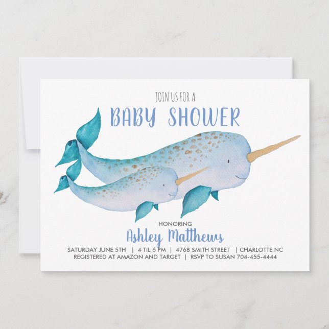 Narwhal baby shower invitation (Front)
