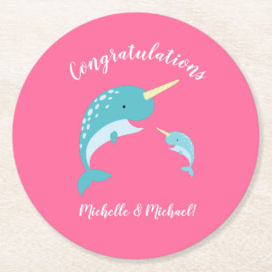 Narwhal Baby Shower Pink Girl Cute Round Paper Coaster
