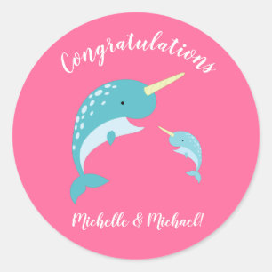 Narwhal Baby Shower Pink Girl Whale Classic Round Sticker