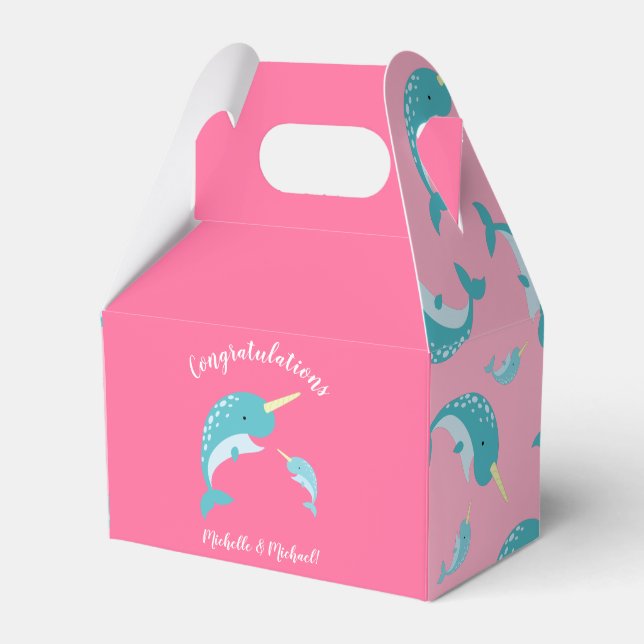 Narwhal Baby Shower Pink Girl Whale Favour Box (Front Side)