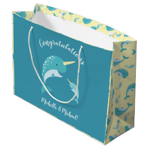 Narwhal Baby Shower Yellow Gender Neutral Whale Large Gift Bag