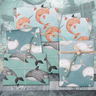 Narwhal Beluga Whales Under The Deep Blue Ocean Wrapping Paper Sheet