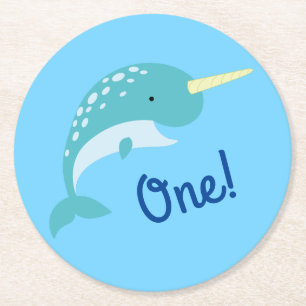 Narwhal Birthday Party Round Paper Coaster