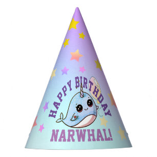 Narwhal Birthday Personalised Purple Blue, Stars Party Hat