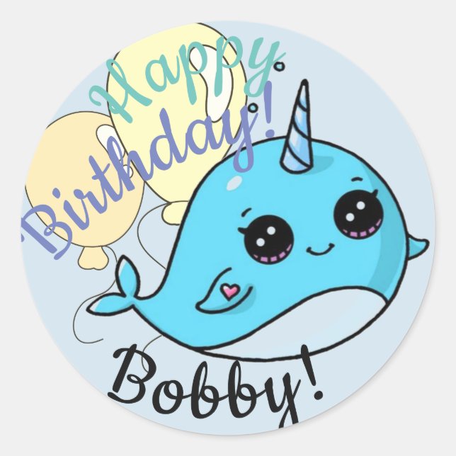 Narwhal Birthday Stickers Personalised (Front)
