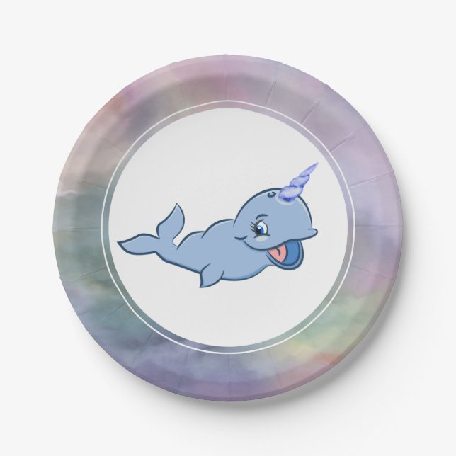 Narwhal Blue | Adorable Baby Kawaii Ocean Shower Paper Plate (Front)