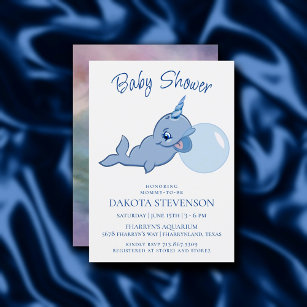 Narwhal Blue   Adorable Bubble Gum Baby Kawaii Invitation