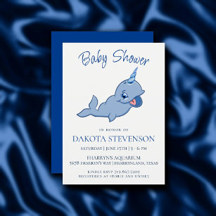 Narwhal Blue   Adorable Kawaii Baby Boy Shower Invitation