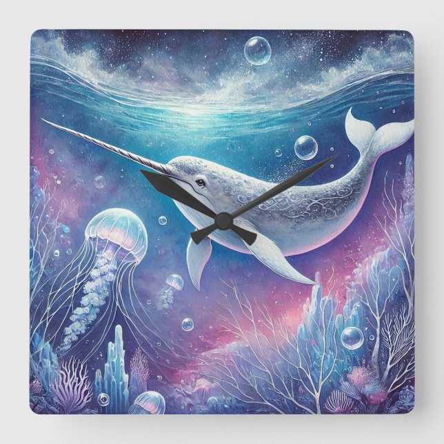Narwhal Fantasy Square Wall Clock (Front)