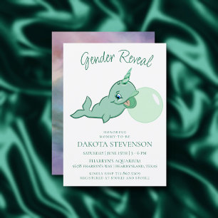 Narwhal Green Cute Mint Chibi Cartoon Bubble Gum Invitation