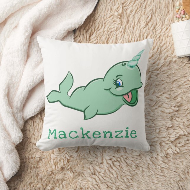 Narwhal Green | Cute Mint Chibi Cartoon Customised Cushion (Blanket)