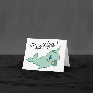 Narwhal Green Cute Mint Chibi Cartoon Sea Life Thank You Card