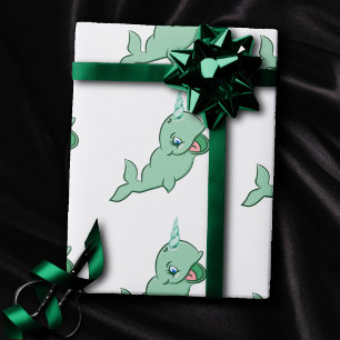 Narwhal Green Cute Mint Chibi Cartoon Sea Party Wrapping Paper