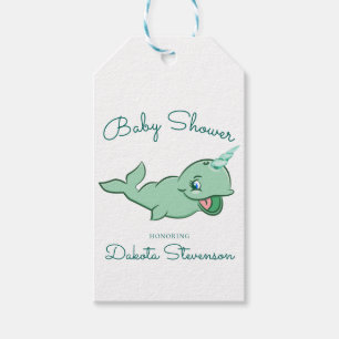 Narwhal Green   Cute Mint Chibi Cartoon Shower Gift Tags