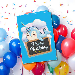 Narwhal holding happy birthday chalkboard card