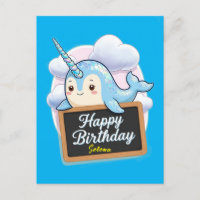 Narwhal holding happy birthday chalkboard
