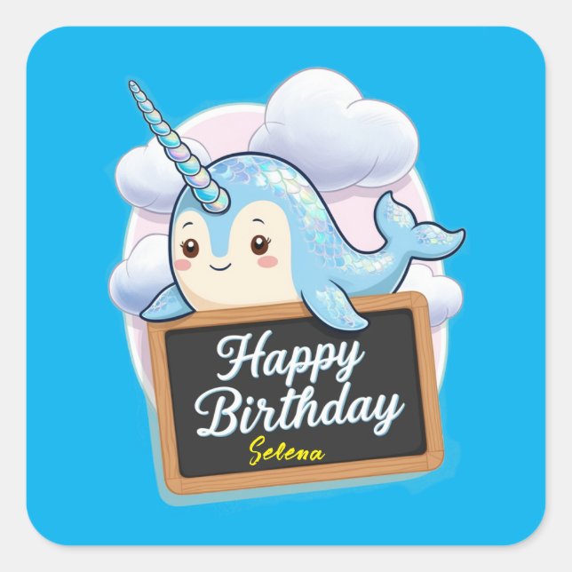 Narwhal holding happy birthday chalkboard square sticker (Front)