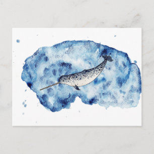 Narwhal in a splash of watercolour postcard