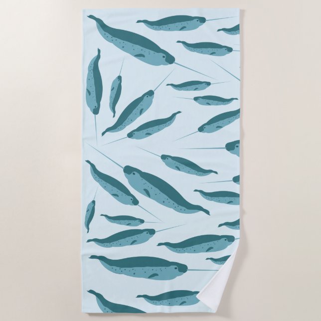 Narwhal in Blue Ocean Pattern Beach Towel (Front)