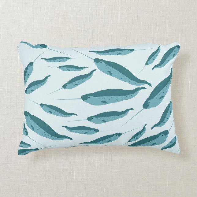 Narwhal in Blue Ocean Pattern Decorative Cushion (Front)