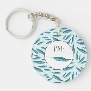 Narwhal in Blue Ocean Pattern Key Ring