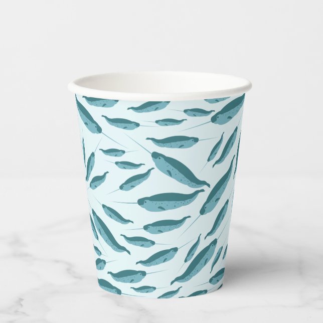 Narwhal in Blue Ocean Pattern  Paper Cups (Front)
