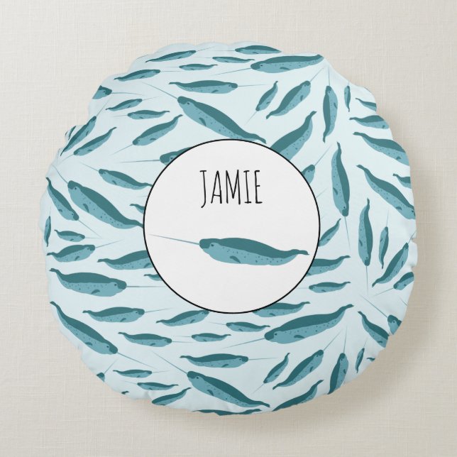 Narwhal in Blue Ocean Pattern Round Cushion (Front)