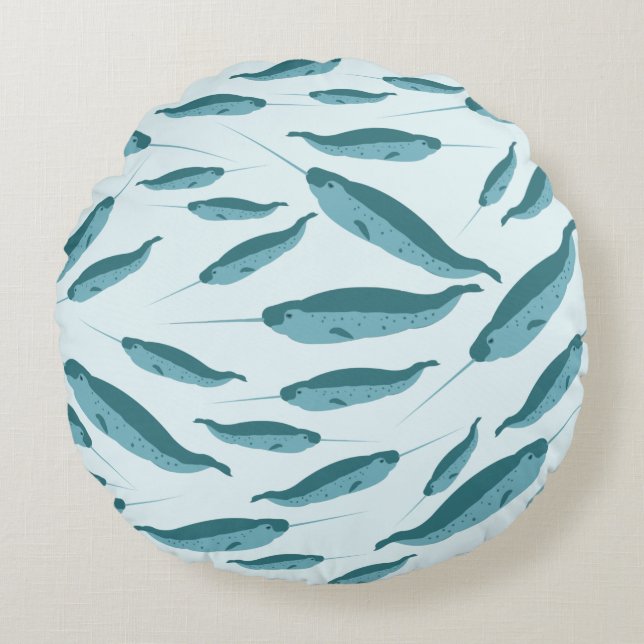 Narwhal in Blue Ocean Pattern Round Cushion (Front)