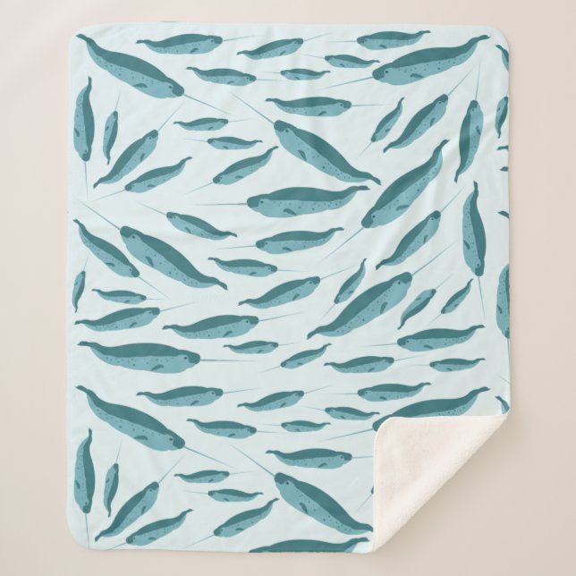 Narwhal in Blue Ocean Pattern Sherpa Blanket (Front)