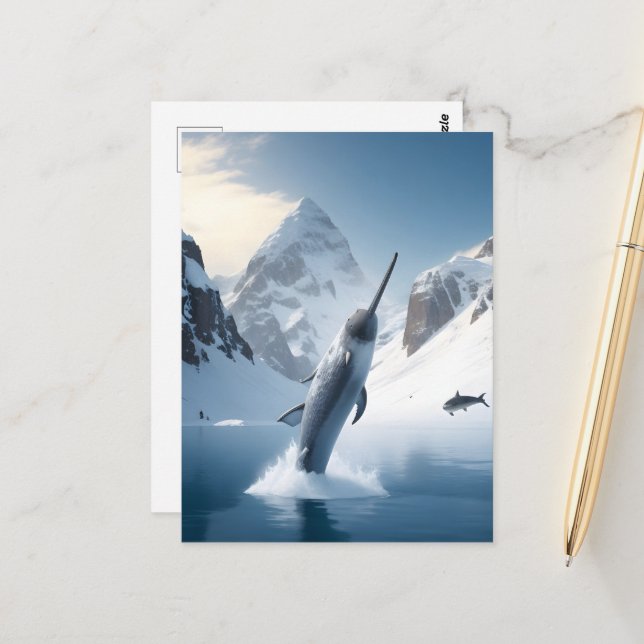 Narwhal jumping out of lake postcard (Front/Back In Situ)